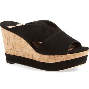 DVF Italian Black Goatskin Velvet Wedge Sandals